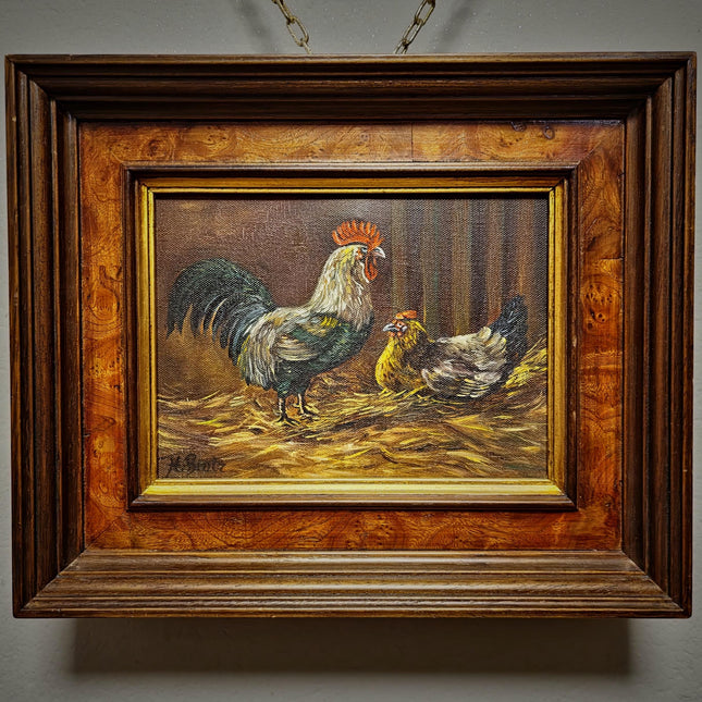 Small Vintage Rooster Oil Painting, Hen Farmhouse Kitchen Wall Art, Signed German Artwork, Rustic Country Decor, Gift For Chicken Lover