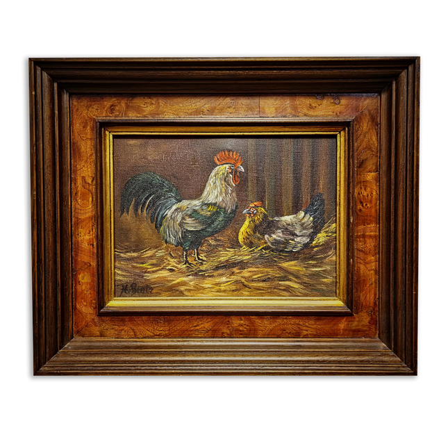 Small Vintage Rooster Oil Painting, Hen Farmhouse Kitchen Wall Art, Signed German Artwork, Rustic Country Decor, Gift For Chicken Lover
