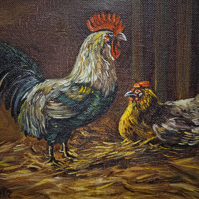 Small Vintage Rooster Oil Painting, Hen Farmhouse Kitchen Wall Art, Signed German Artwork, Rustic Country Decor, Gift For Chicken Lover