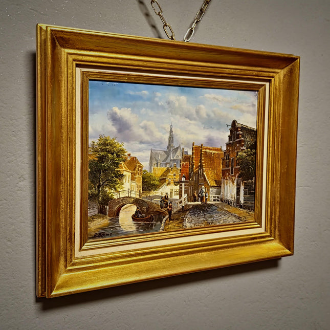 Small Vintage Canal Oil Painting, Dutch Style Cityscape, Signed German Artwork, Gold Framed Wall Decor, European Bridge Scene