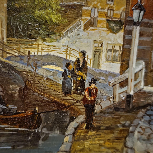 Small Vintage Canal Oil Painting, Dutch Style Cityscape, Signed German Artwork, Gold Framed Wall Decor, European Bridge Scene