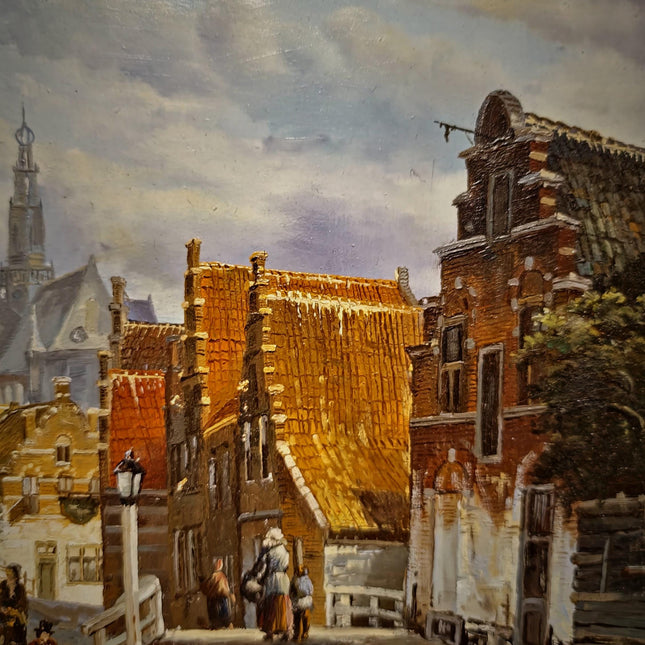 Small Vintage Canal Oil Painting, Dutch Style Cityscape, Signed German Artwork, Gold Framed Wall Decor, European Bridge Scene