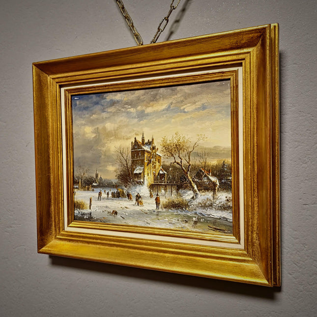Small Dutch Winter Landscape Oil Painting, Ice Skating Scene, Signed Vintage Artwork, Gold Framed Wall Decor, Cozy Christmas Wall Art