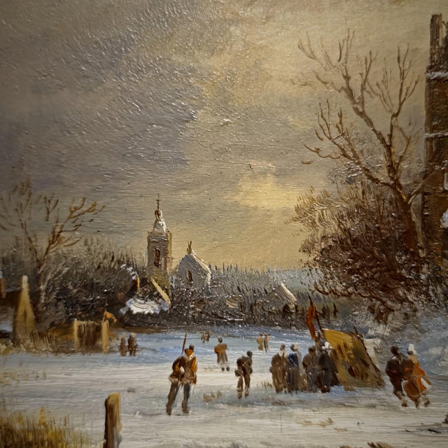 Small Dutch Winter Landscape Oil Painting, Ice Skating Scene, Signed Vintage Artwork, Gold Framed Wall Decor, Cozy Christmas Wall Art