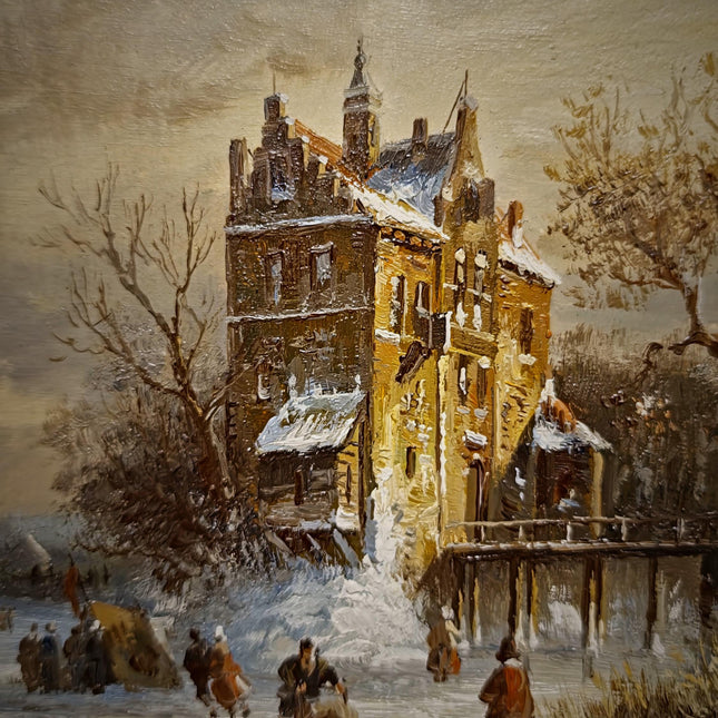 Small Dutch Winter Landscape Oil Painting, Ice Skating Scene, Signed Vintage Artwork, Gold Framed Wall Decor, Cozy Christmas Wall Art