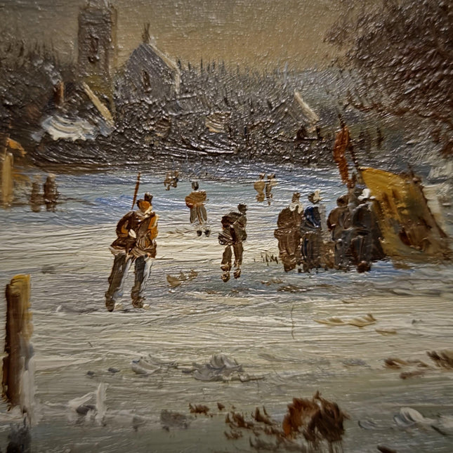Small Dutch Winter Landscape Oil Painting, Ice Skating Scene, Signed Vintage Artwork, Gold Framed Wall Decor, Cozy Christmas Wall Art