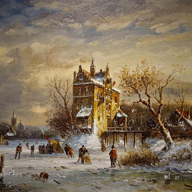 Small Dutch Winter Landscape Oil Painting, Ice Skating Scene, Signed Vintage Artwork, Gold Framed Wall Decor, Cozy Christmas Wall Art