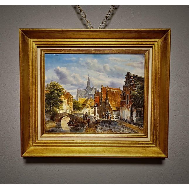 Small Vintage Canal Oil Painting, Dutch Style Cityscape, Signed German Artwork, Gold Framed Wall Decor, European Bridge Scene