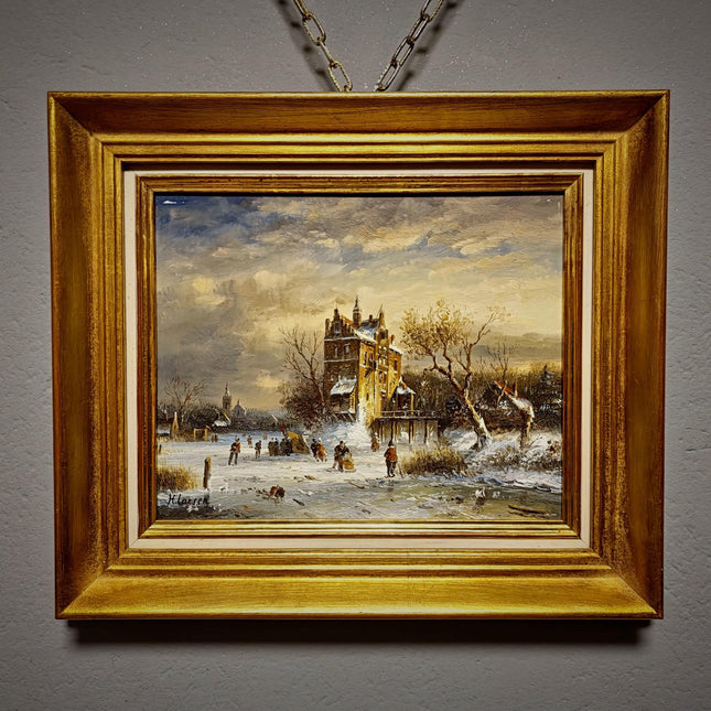 Small Dutch Winter Landscape Oil Painting, Ice Skating Scene, Signed Vintage Artwork, Gold Framed Wall Decor, Cozy Christmas Wall Art