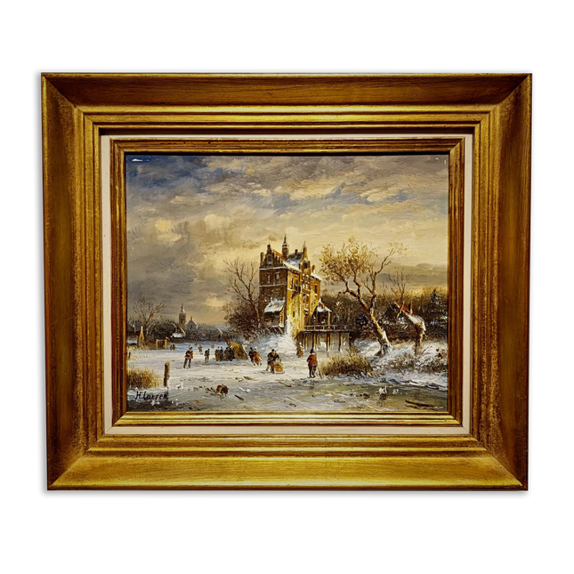 Small Dutch Winter Landscape Oil Painting, Ice Skating Scene, Signed Vintage Artwork, Gold Framed Wall Decor, Cozy Christmas Wall Art
