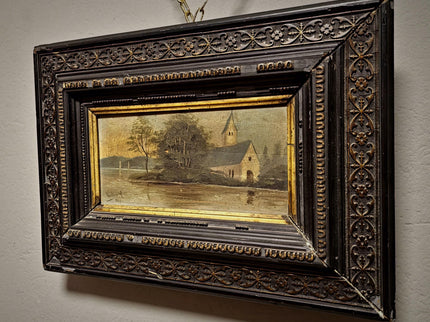 Antique French River Landscape Painting, 19th Century Oil Artwork, Signed Church Scene, Dark Moody Wall Decor, Carved Frame