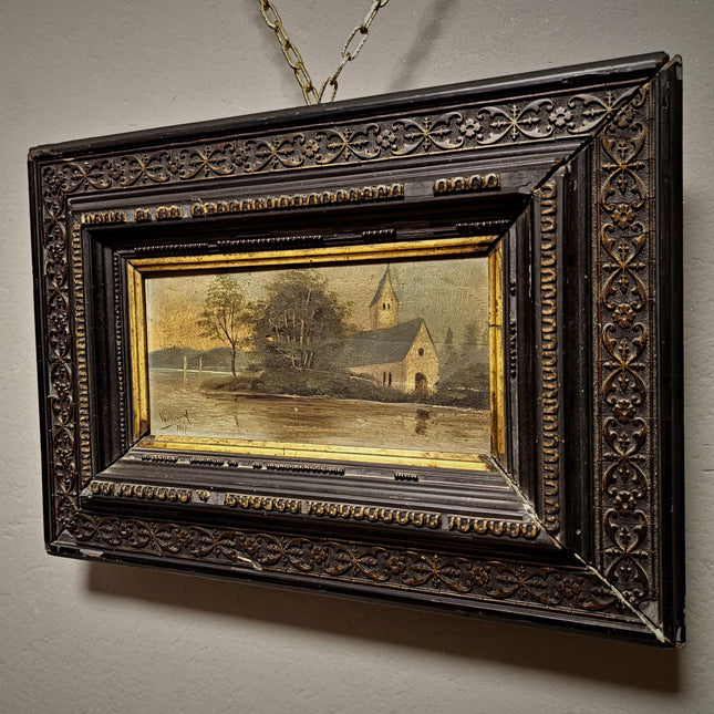 Antique French River Landscape Painting, 19th Century Oil Artwork, Signed Church Scene, Dark Moody Wall Decor, Carved Frame