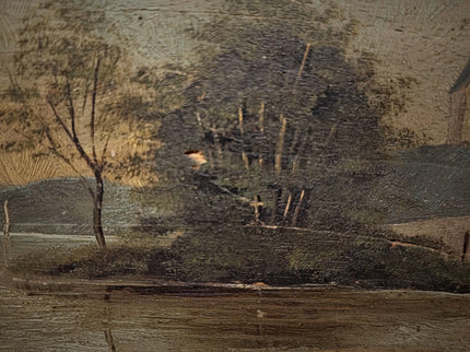 Antique French River Landscape Painting, 19th Century Oil Artwork, Signed Church Scene, Dark Moody Wall Decor, Carved Frame