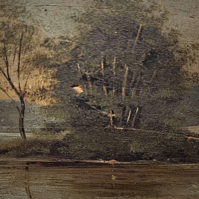 Antique French River Landscape Painting, 19th Century Oil Artwork, Signed Church Scene, Dark Moody Wall Decor, Carved Frame
