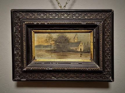 Antique French River Landscape Painting, 19th Century Oil Artwork, Signed Church Scene, Dark Moody Wall Decor, Carved Frame