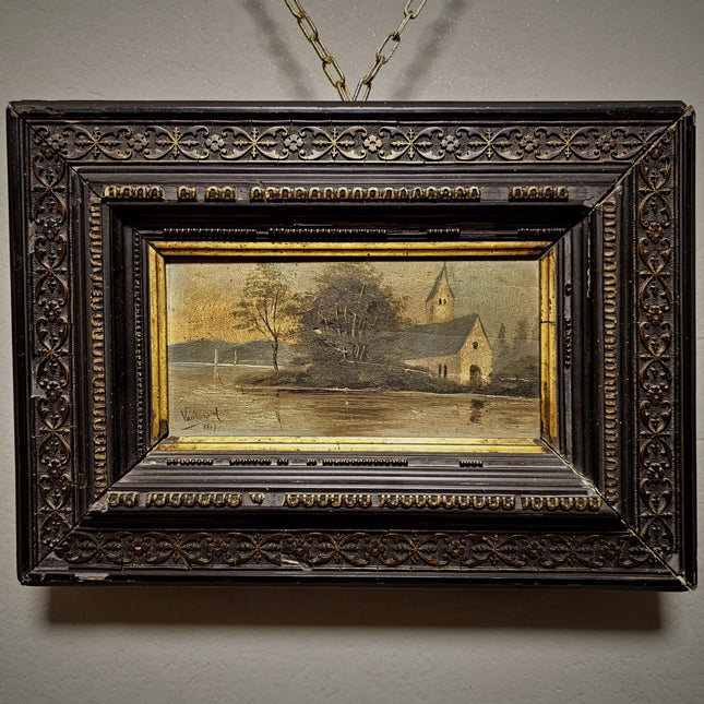 Antique French River Landscape Painting, 19th Century Oil Artwork, Signed Church Scene, Dark Moody Wall Decor, Carved Frame