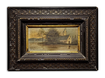 Antique French River Landscape Painting, 19th Century Oil Artwork, Signed Church Scene, Dark Moody Wall Decor, Carved Frame