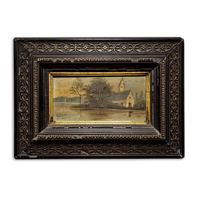 Antique French River Landscape Painting, 19th Century Oil Artwork, Signed Church Scene, Dark Moody Wall Decor, Carved Frame
