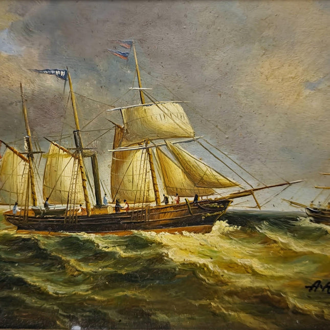 Small Vintage Nautical Oil Painting, French Marine Sailing Ships, Signed Artwork, Gold Framed Wall Decor, Coastal Seascape Art