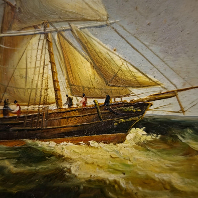 Small Vintage Nautical Oil Painting, French Marine Sailing Ships, Signed Artwork, Gold Framed Wall Decor, Coastal Seascape Art