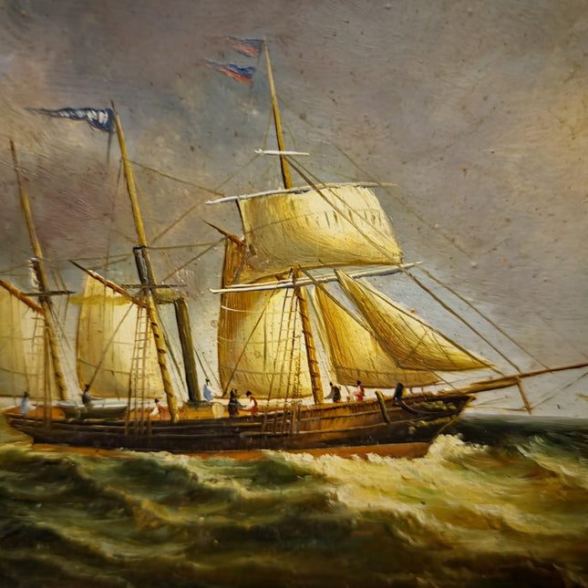 Small Vintage Nautical Oil Painting, French Marine Sailing Ships, Signed Artwork, Gold Framed Wall Decor, Coastal Seascape Art