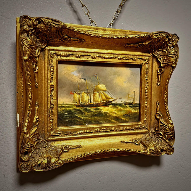 Small Vintage Nautical Oil Painting, French Marine Sailing Ships, Signed Artwork, Gold Framed Wall Decor, Coastal Seascape Art