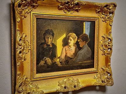 Antique German Genre Painting, Women In Conversation, 19th Century Interior Scene, Gold Framed Wall Art, Old Master Style Decor