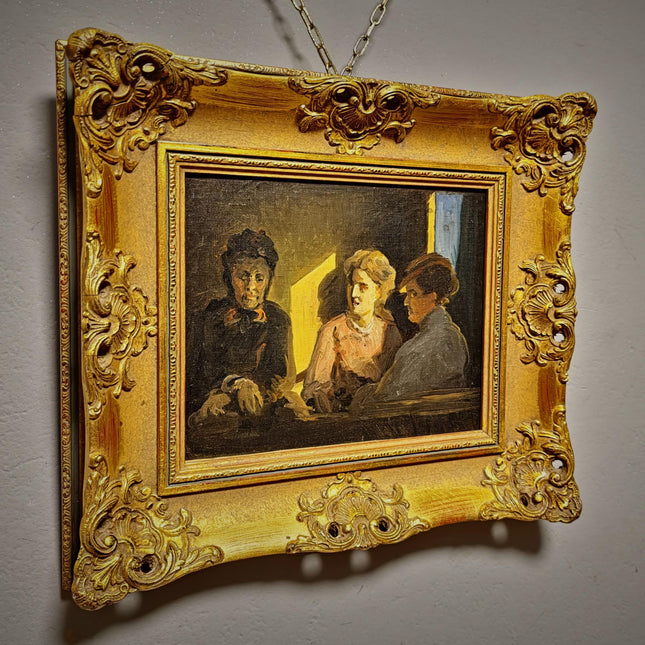 Antique German Genre Painting, Women In Conversation, 19th Century Interior Scene, Gold Framed Wall Art, Old Master Style Decor