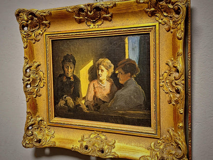 Antique German Genre Painting, Women In Conversation, 19th Century Interior Scene, Gold Framed Wall Art, Old Master Style Decor