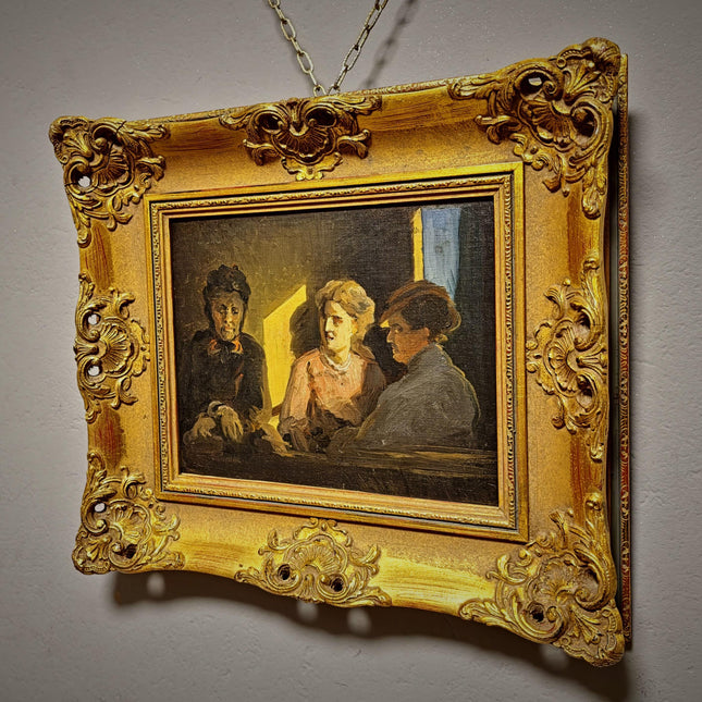 Antique German Genre Painting, Women In Conversation, 19th Century Interior Scene, Gold Framed Wall Art, Old Master Style Decor