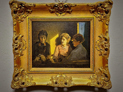 Antique German Genre Painting, Women In Conversation, 19th Century Interior Scene, Gold Framed Wall Art, Old Master Style Decor