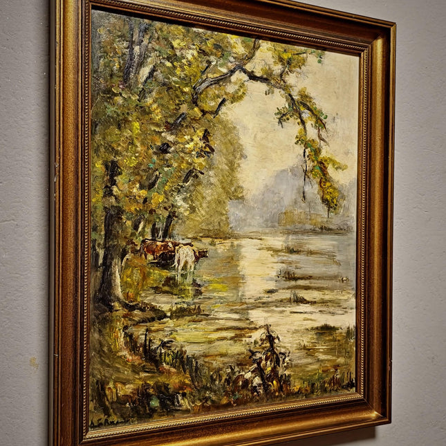 Vintage French Landscape Oil Painting, Signed Pastoral Cow Scene, Impressionist Style Artwork, River Wall Art, Gold Framed Cottagecore Decor