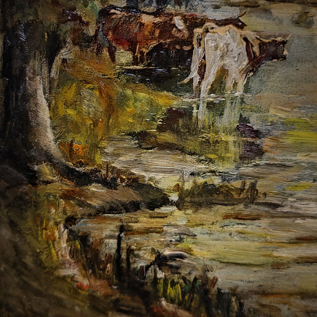 Vintage French Landscape Oil Painting, Signed Pastoral Cow Scene, Impressionist Style Artwork, River Wall Art, Gold Framed Cottagecore Decor