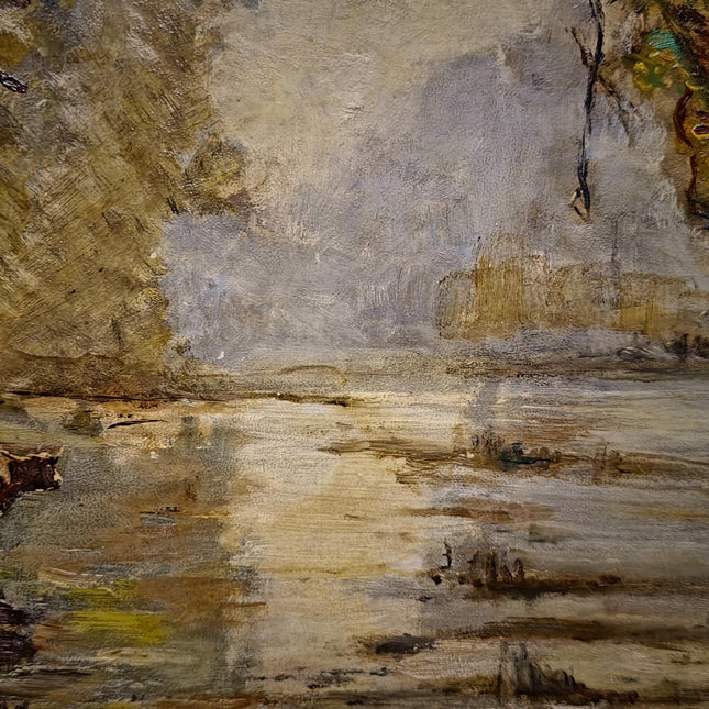 Vintage French Landscape Oil Painting, Signed Pastoral Cow Scene, Impressionist Style Artwork, River Wall Art, Gold Framed Cottagecore Decor