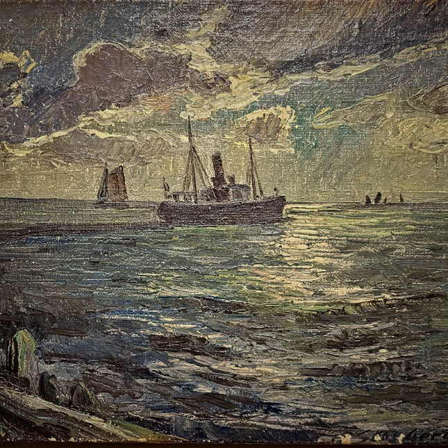 Antique Marine Oil Painting, German Seascape with Steamship, Signed Nautical Artwork, Impressionist Ocean Scene, Vintage Coastal Wall Decor