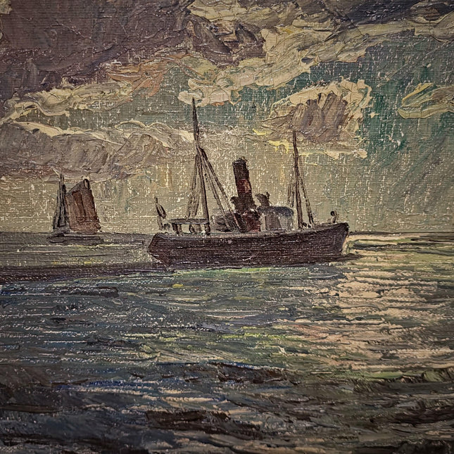 Antique Marine Oil Painting, German Seascape with Steamship, Signed Nautical Artwork, Impressionist Ocean Scene, Vintage Coastal Wall Decor