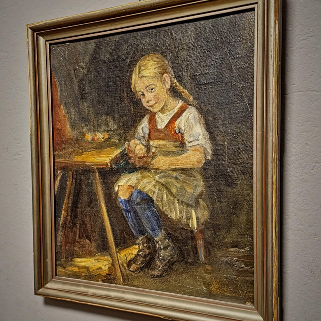 Vintage German Genre Oil Painting, Girl Working Interior Scene, Cozy Domestic Artwork, Framed Wall Decor, Cottagecore Home Art