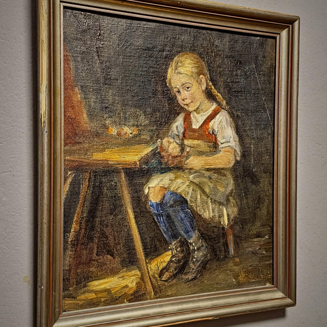 Vintage German Genre Oil Painting, Girl Working Interior Scene, Cozy Domestic Artwork, Framed Wall Decor, Cottagecore Home Art