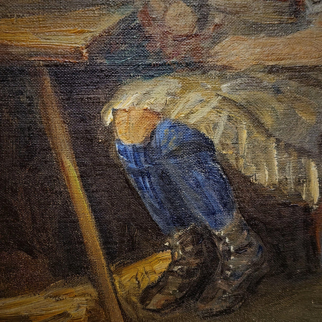 Vintage German Genre Oil Painting, Girl Working Interior Scene, Cozy Domestic Artwork, Framed Wall Decor, Cottagecore Home Art