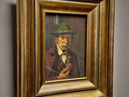 Antique German Portrait Oil Painting, Man With Pipe, Gold Framed Original Signed Artwork, Character Face Study, Dark Academia Wall Decor