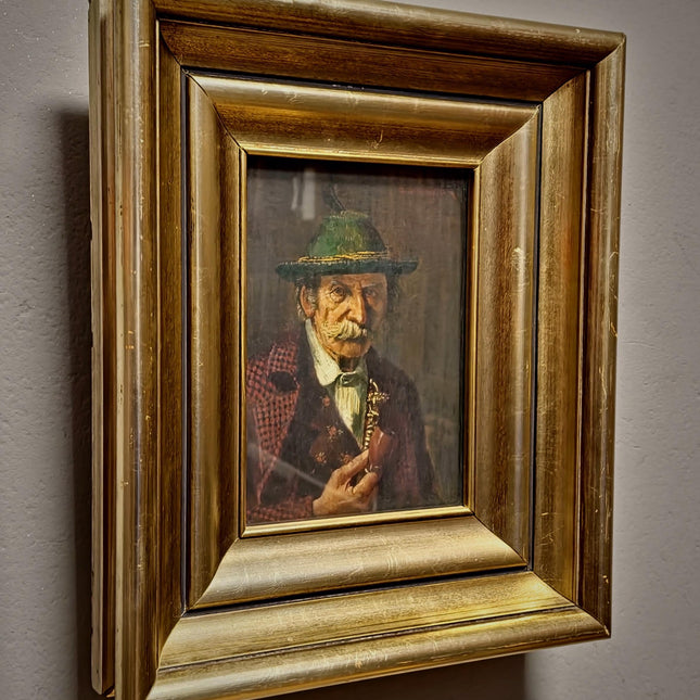 Antique German Portrait Oil Painting, Man With Pipe, Gold Framed Original Signed Artwork, Character Face Study, Dark Academia Wall Decor