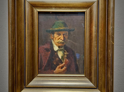 Antique German Portrait Oil Painting, Man With Pipe, Gold Framed Original Signed Artwork, Character Face Study, Dark Academia Wall Decor