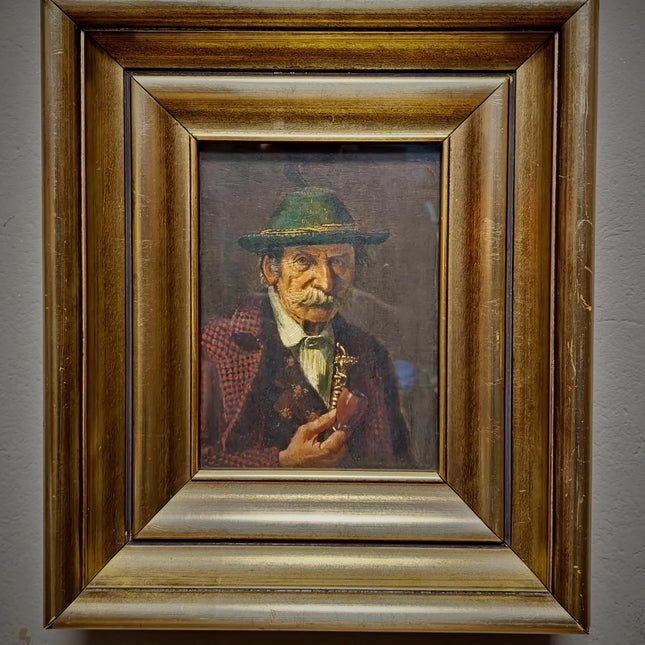 Antique German Portrait Oil Painting, Man With Pipe, Gold Framed Original Signed Artwork, Character Face Study, Dark Academia Wall Decor