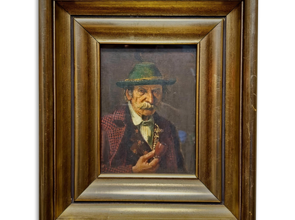 Antique German Portrait Oil Painting, Man With Pipe, Gold Framed Original Signed Artwork, Character Face Study, Dark Academia Wall Decor