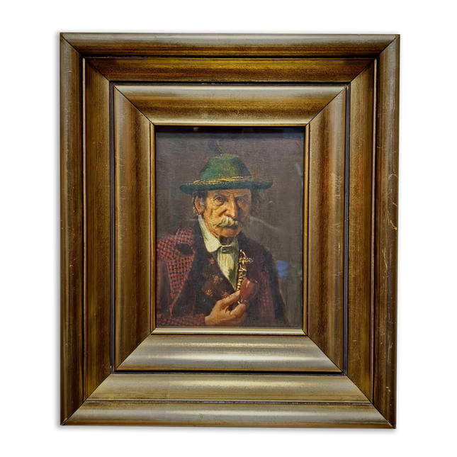 Antique German Portrait Oil Painting, Man With Pipe, Gold Framed Original Signed Artwork, Character Face Study, Dark Academia Wall Decor