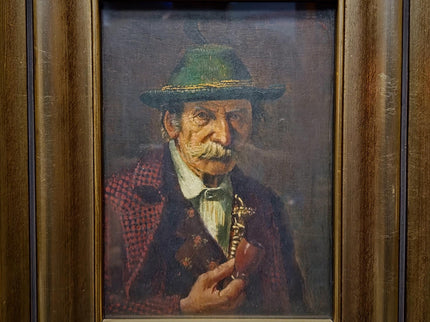 Antique German Portrait Oil Painting, Man With Pipe, Gold Framed Original Signed Artwork, Character Face Study, Dark Academia Wall Decor