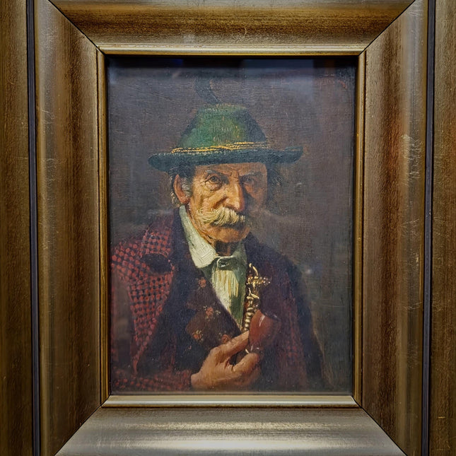 Antique German Portrait Oil Painting, Man With Pipe, Gold Framed Original Signed Artwork, Character Face Study, Dark Academia Wall Decor