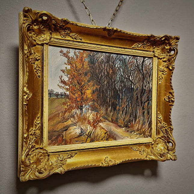 Vintage Autumn Landscape Oil Painting, Signed Gold Framed Original Artwork, Forest Path Scene, Mid Century Wall Decor, Rustic Farmhouse Art