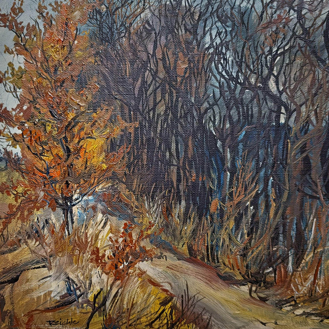 Vintage Autumn Landscape Oil Painting, Signed Gold Framed Original Artwork, Forest Path Scene, Mid Century Wall Decor, Rustic Farmhouse Art