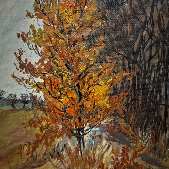 Vintage Autumn Landscape Oil Painting, Signed Gold Framed Original Artwork, Forest Path Scene, Mid Century Wall Decor, Rustic Farmhouse Art